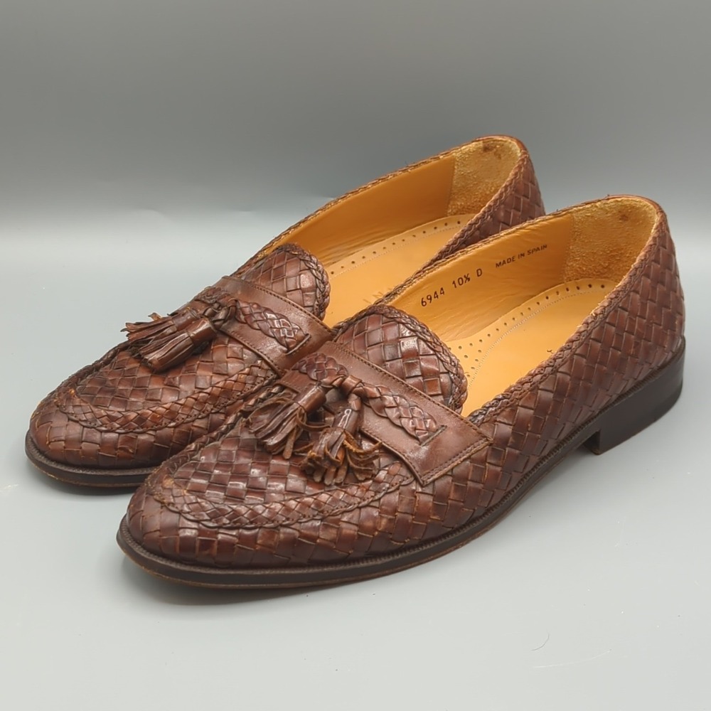 Magnanni Shoes Mens Size 10.5 D Brown Woven Leather Tassel Loafers Dress Spain